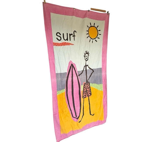 VTG Surfer Beach Towel 90s Rare Decorative Cotton Stockman Surfboard Pink Beach - Picture 3 of 8